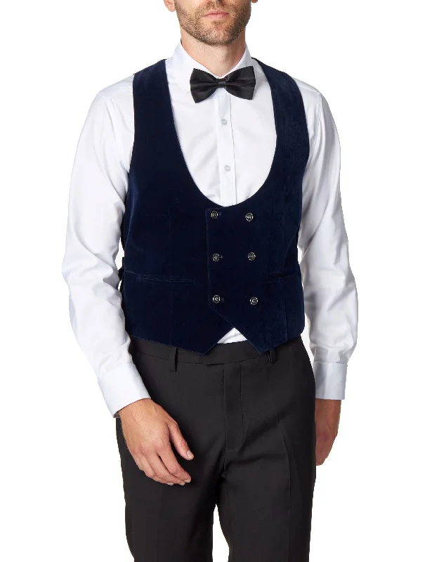 NAVY VELVET DOUBLE BREASTED LOW U CUT WAISTCOAT