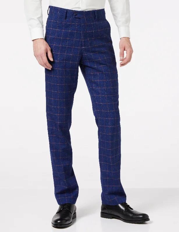 ROGER - Mens Blue Formal Suit Check Trousers Vintage Style