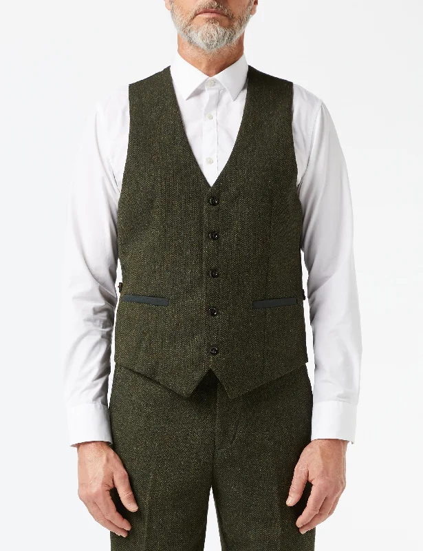 MEN'S HERRINGBONE TWEED RETRO TAILORED FIT OLIVE GREEN WAISTCOAT