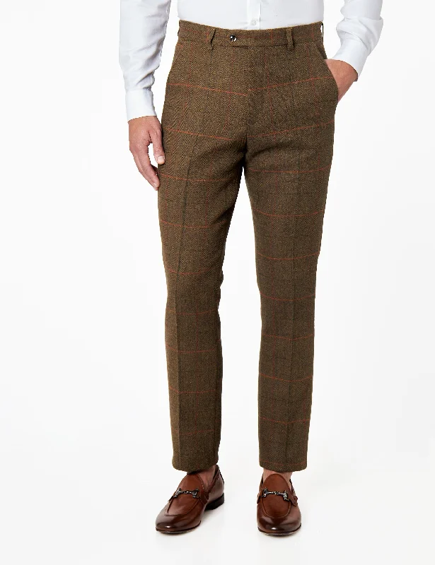 Jarvis - Mens Tan Brown Check Vintage Herringbone Tweed Trousers