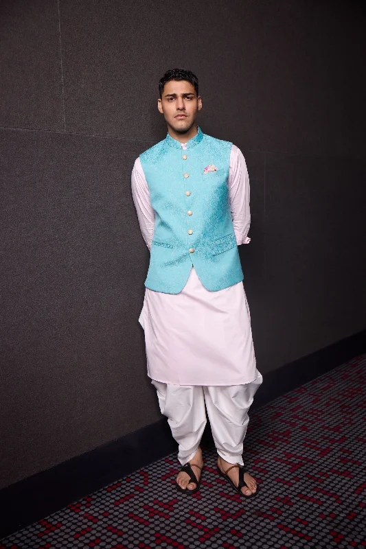 AQUA BLUE JACQUARD NEHRU JACKET