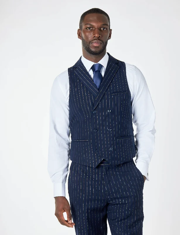 MENS NAVY GOLD PINSTRIPE SMART FORMAL TAILORED FIT WEDDING PARTY WAISTCOAT