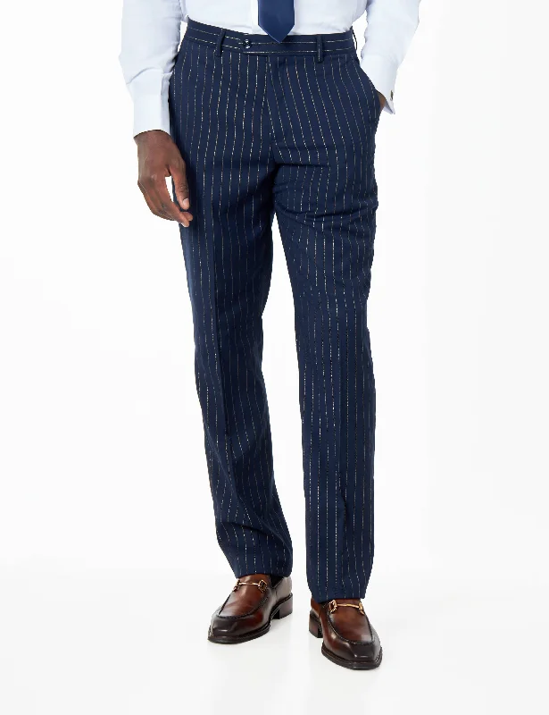 Neil - Mens Navy Blue Pin Stripe Gold Lines Smart Retro Tailored Fit Trouser