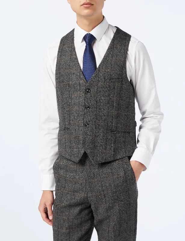 MENS TWEED GREY HERRINGBONE CHECKS TAILORED FIT WAISTCOAT