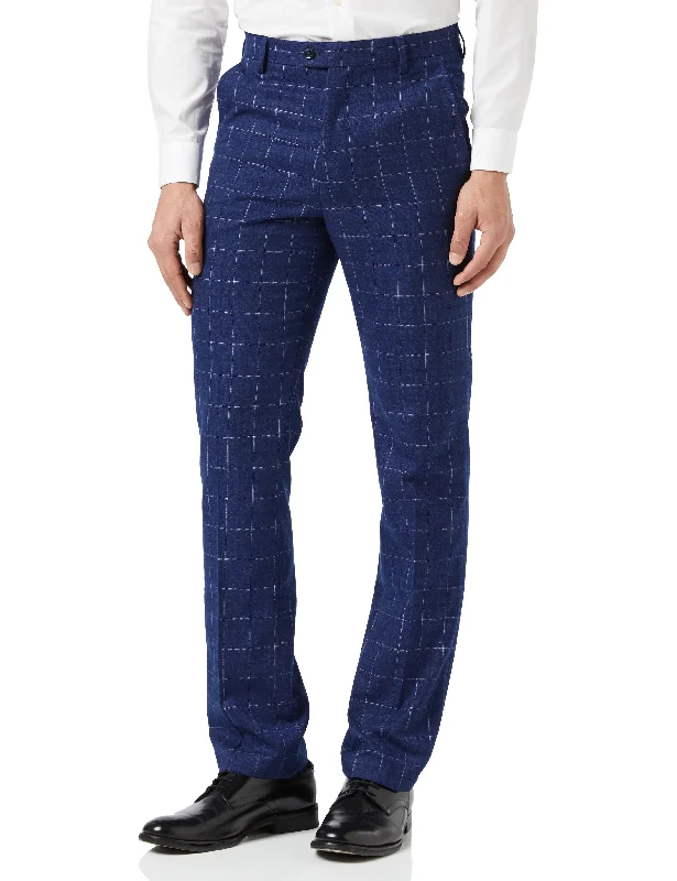 Luke - Mens Navy Blue Tweed Windowpane Check Trousers