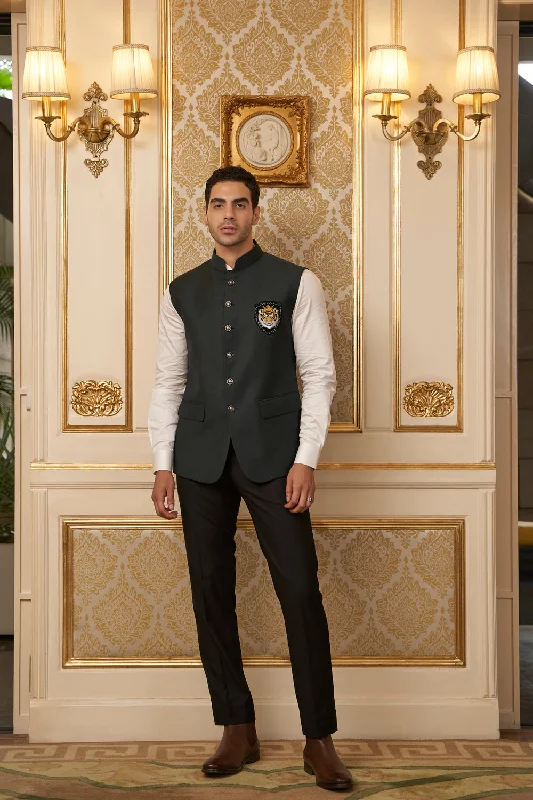 Bottle Green Nehru Jacket with Tiger Patch