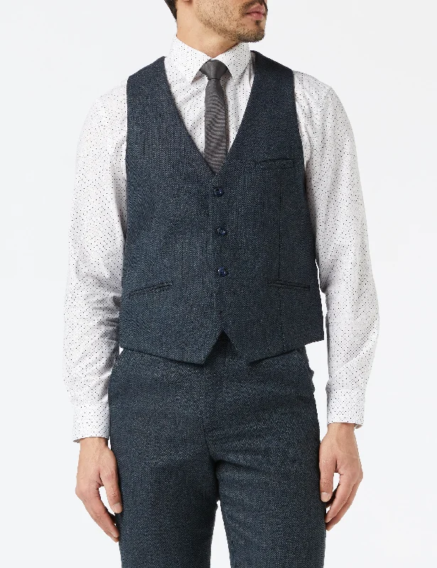 Mens Herringbone Navy Retro Peaky Blinders Style Fitted Waistcoat