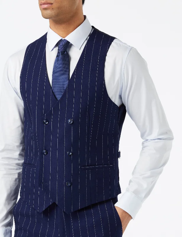 Men’s Navy Double Breasted 1920 Retro Pinstripe Classic Tailored Fit Waistcoat