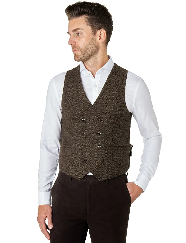 JAX - HERRINGBONE TWEED DOUBLE BREASTED WAISTCOAT IN BROWN