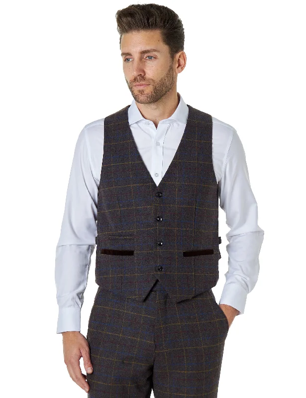 Madison - Brown Tweed Check Plain Waistcoat