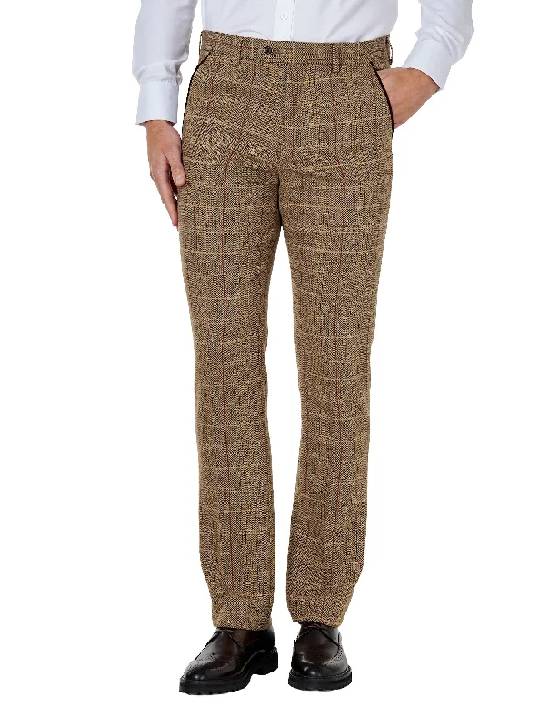 Carlo - Mens Brown Tweed Checks Tailored Fit Trousers