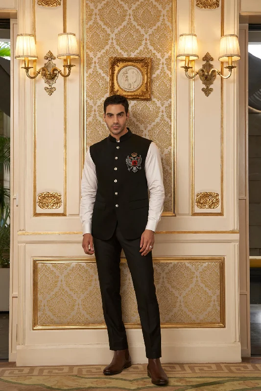 Black Nehru Jacket with Crest Patch