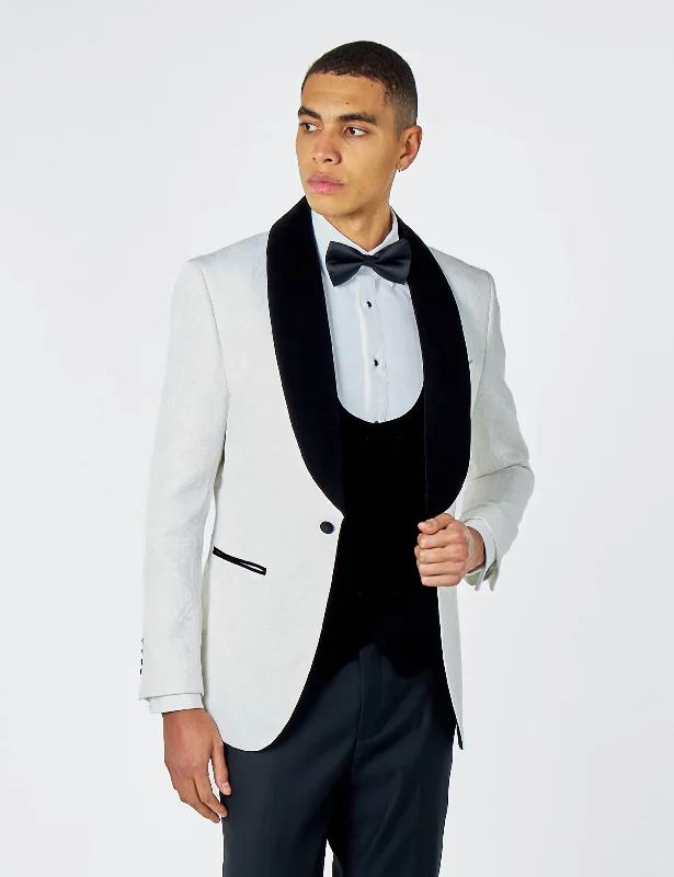 ARCHIE – White Tuxedo 3 Piece Suit Damask Jacquard Print