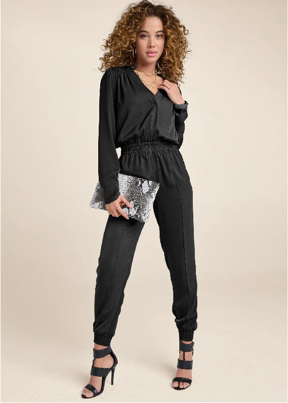 Smocked Jogger Jumpsuit - Black