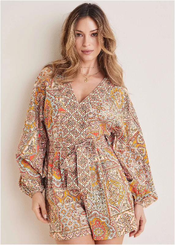 Tie-Waist Romper - Medallion Golden Patchwork