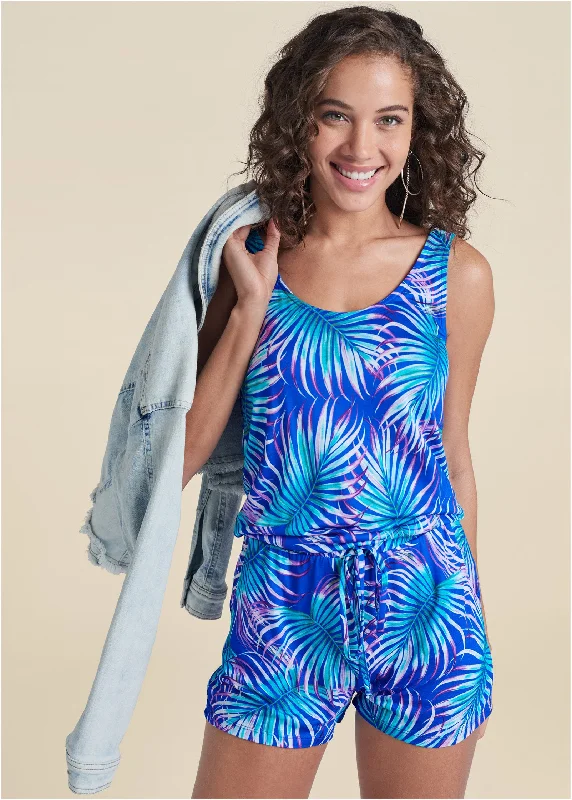 Palm Printed Romper - Blue Multi