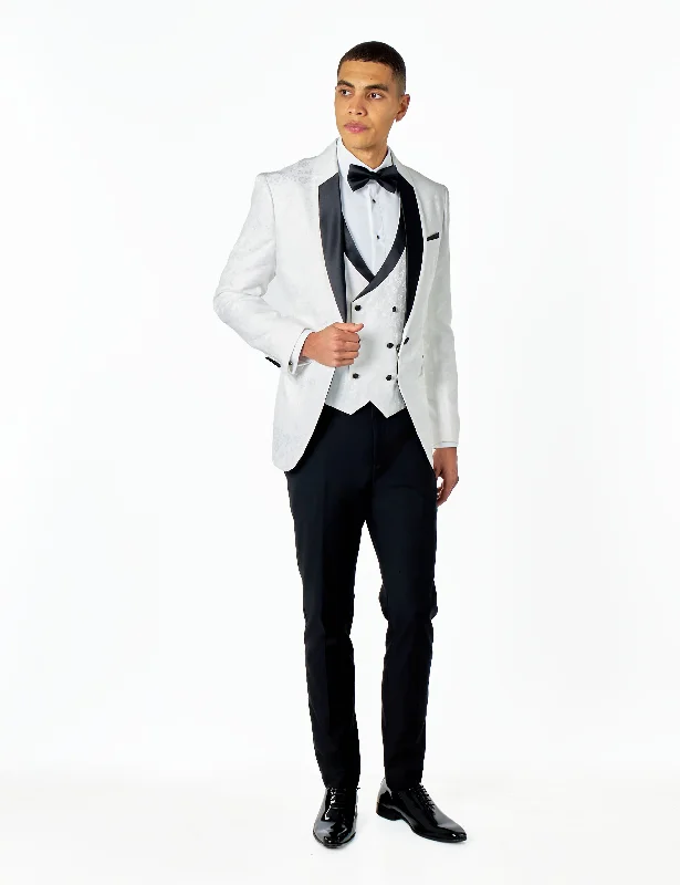 BRUCE – WHITE TUXEDO 3 PIECE SUIT FLORAL PAISLEY PRINT