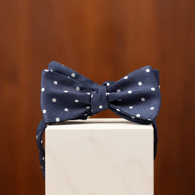 Dark Blue with White Polka Dots Silk Bow Tie