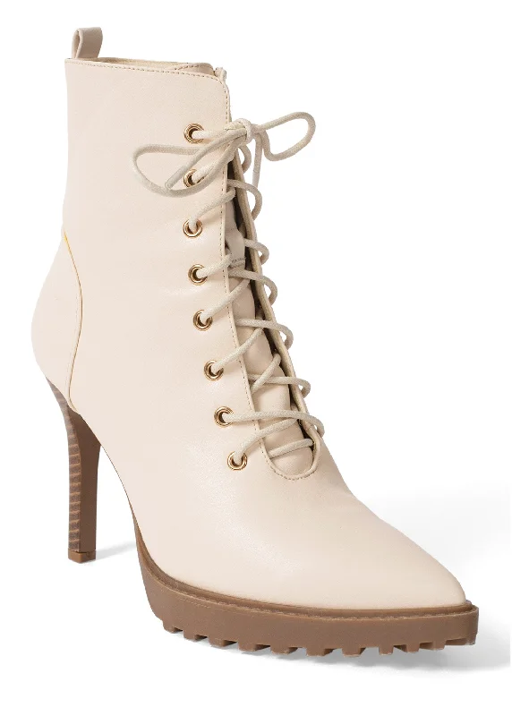 Pointy Toe Lace-Up Booties - Cream