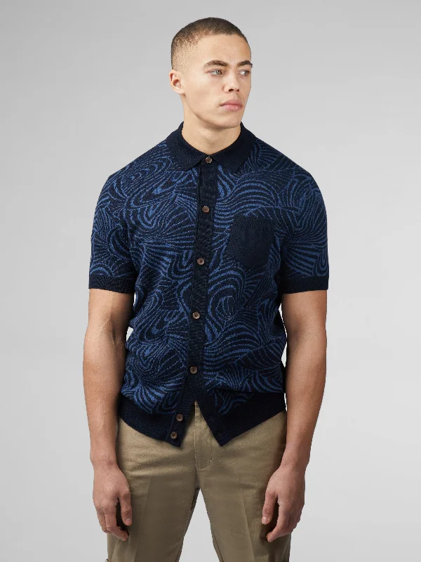 Men's Sweaters with Hooks and LoopsB by Ben Sherman Swirl Jacquard Button Through Polo - Dark Navy