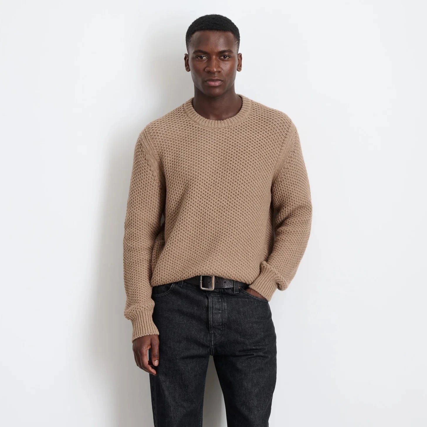 Essential Men's V-Neck SweatersBenji Crewneck Sweater, Heather Camel