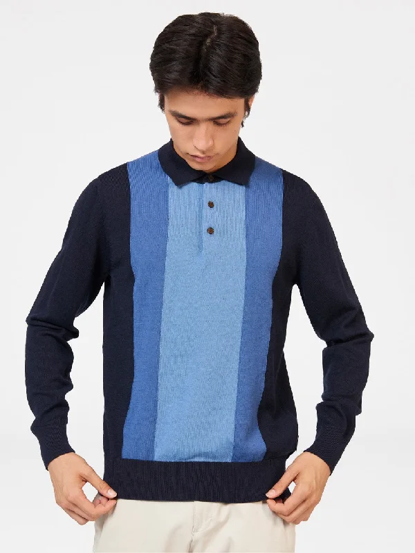 Men's Sweaters with Patchwork DesignsBlock Stripe Merino Knit Polo - Dark Navy