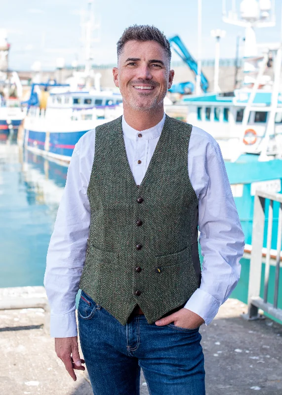 Men's Coats with Multi-Pocket DesignDonegal Tweed Green Waistcoat - Hatman