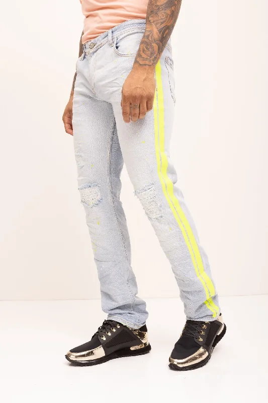 Hipster Skinny Men's JeansNeon Yellow Splattered Stripe Cotton Jeans -  Indigo