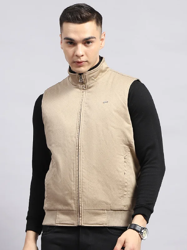 Men's Coats for Tall MenMen Beige Printed Mock Neck Sleeveless Jacket