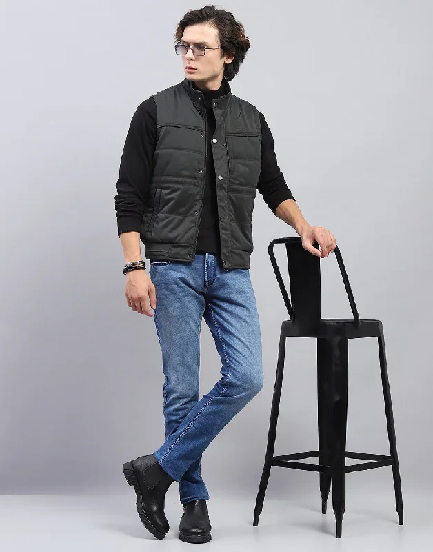 Men's Coats for Mild WeatherMen Black Solid Mock Neck Sleeveless Jacket