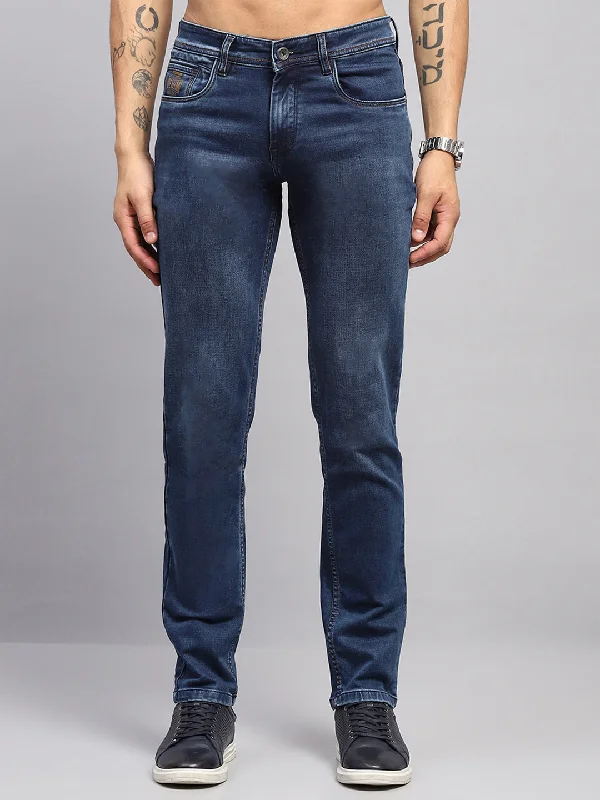 Modern Ripped and Distressed Men's JeansMen Blue Solid Narrow Fit Denim