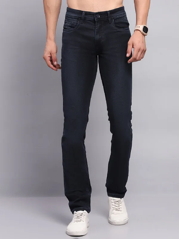 Men's Jeans with Embroidered LogosMen Blue Solid Skinny Fit Denim