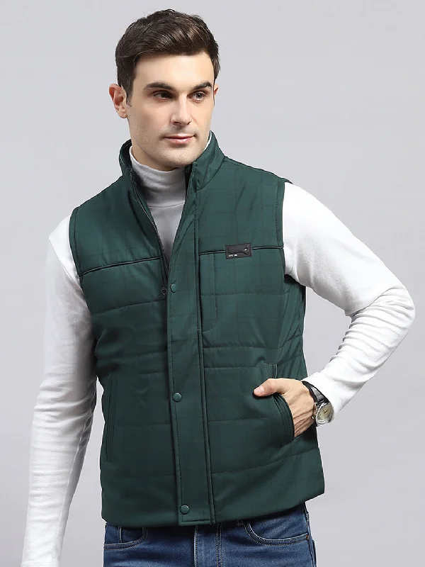 Designer Men's OvercoatsMen Green Solid Mock Neck Sleeveless Jacket