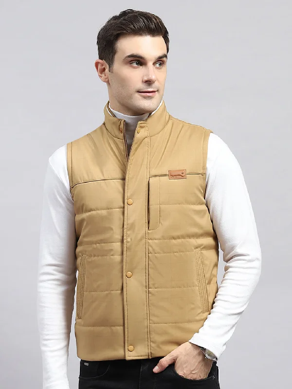 Men's Coats for Everyday WearMen Khaki Solid Mock Neck Sleeveless Jacket