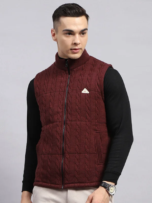 Men's Coats with LiningMen Maroon Self Design Mock Neck Sleeveless Jacket