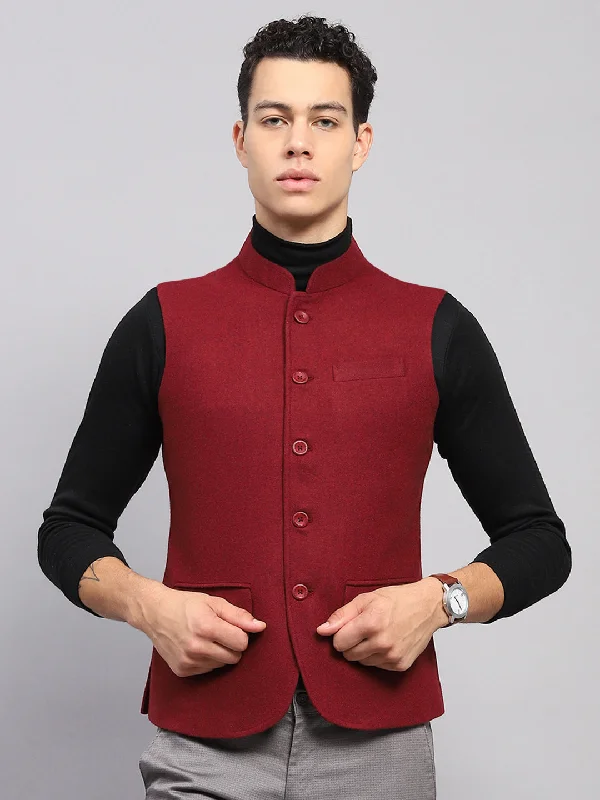 Men's Coats with Flannel LiningMen Maroon Solid Band Collar Sleeveless Jacket