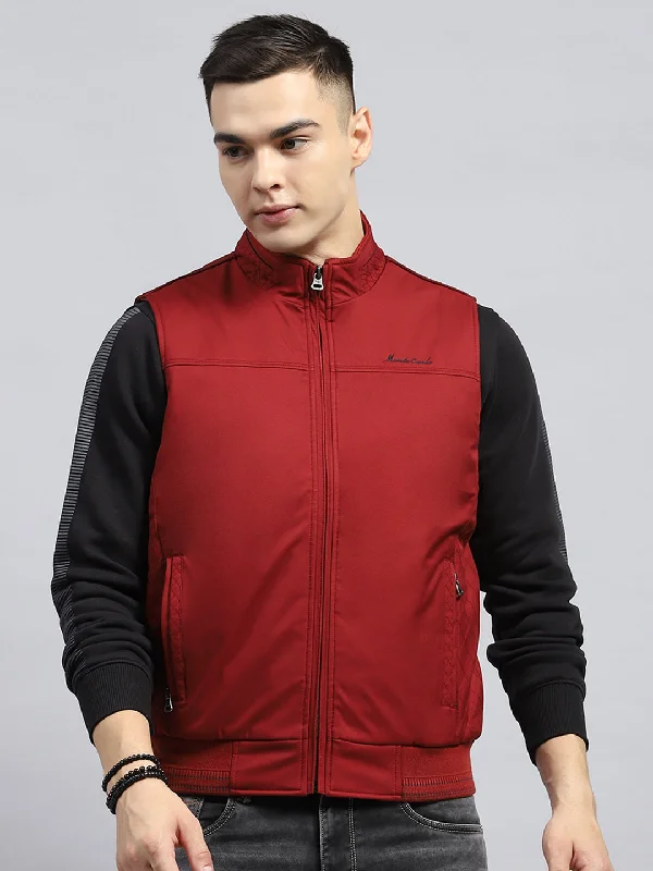 Men's Coats Made in the USAMen Maroon Solid Mock Neck Sleeveless Jacket