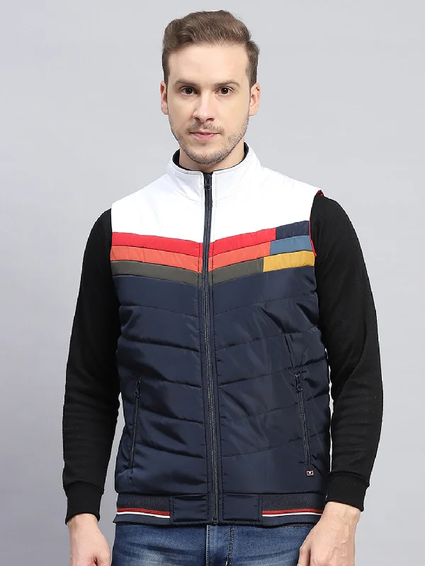 Men's Coats with Velcro ClosuresMen Navy Blue Self Design Mock Neck Sleeveless Jacket