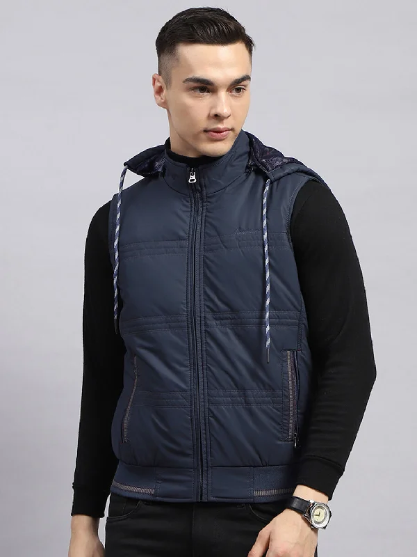 Men's Coats for Every OccasionMen Navy Blue Solid Detachable Hood Sleeveless Jacket