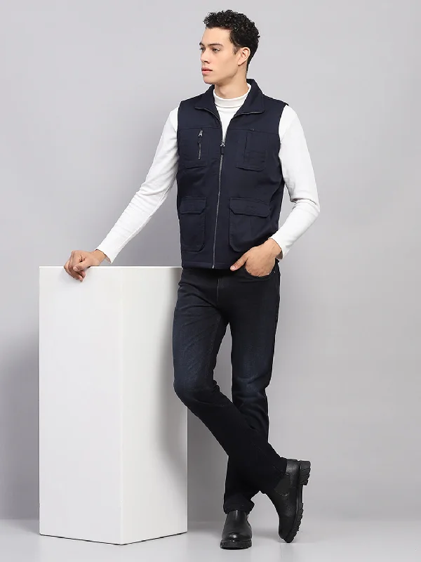 Men's Coats for TravelMen Navy Blue Solid Mock Neck Sleeveless Jacket