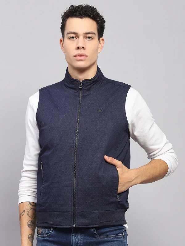 Cool Men's Pea CoatsMen Navy Blue Solid Mock Neck Sleeveless Jacket