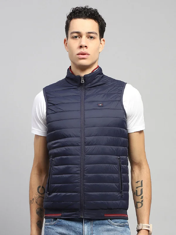 Men's Coats for All SeasonsMen Navy Blue Solid Mock Neck Sleeveless Jacket