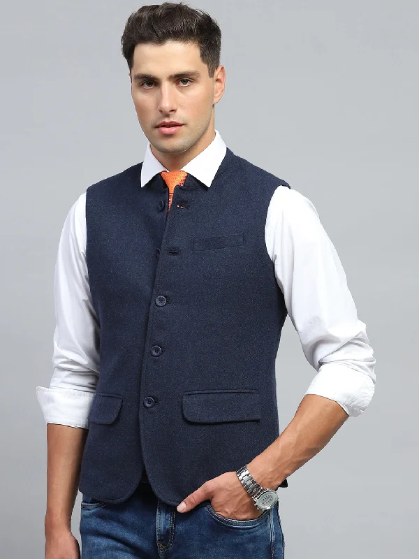 Men's Coats with Vintage StyleMen Navy Blue Solid Mock Neck Sleeveless Jacket