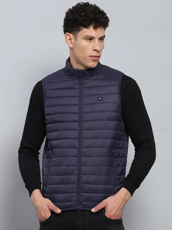 Men's Coats for City WearMen Navy Blue Solid Mock Neck Sleeveless Jacket