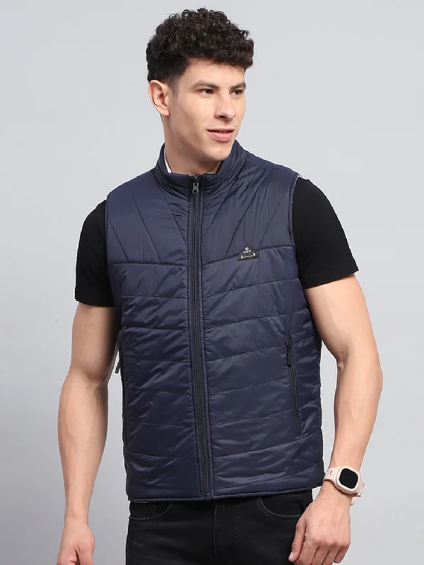 Unique Men's Flight JacketsMen Navy Blue Solid Mock Neck Sleeveless Reversible Jacket