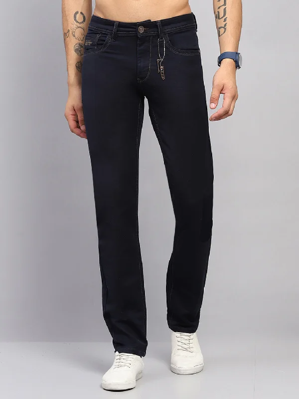 Modern Men's JeansMen Navy Blue Solid Narrow Fit Denim