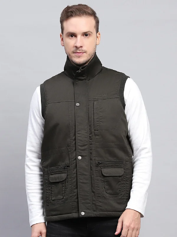 Men's Coats for Skinny MenMen Olive Solid Collar Sleeveless Jacket