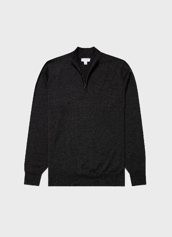 Men's Sweaters with Stand-Up CollarsMen's Extra-Fine Merino Zip Neck in Charcoal Melange