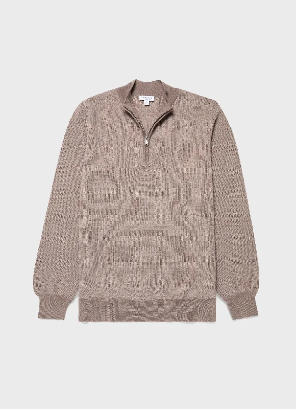 Men's Sweaters for Dressy EventsMen's Merino Honeycomb Zip Neck Jumper in Light Sandstone