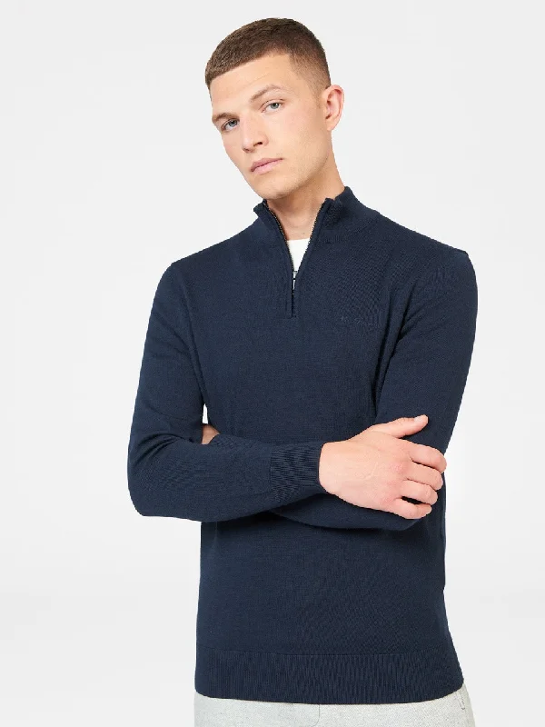 Men's Sweaters with Pleated DesignsMerino Knit Half-Zip Sweater - Dark Navy